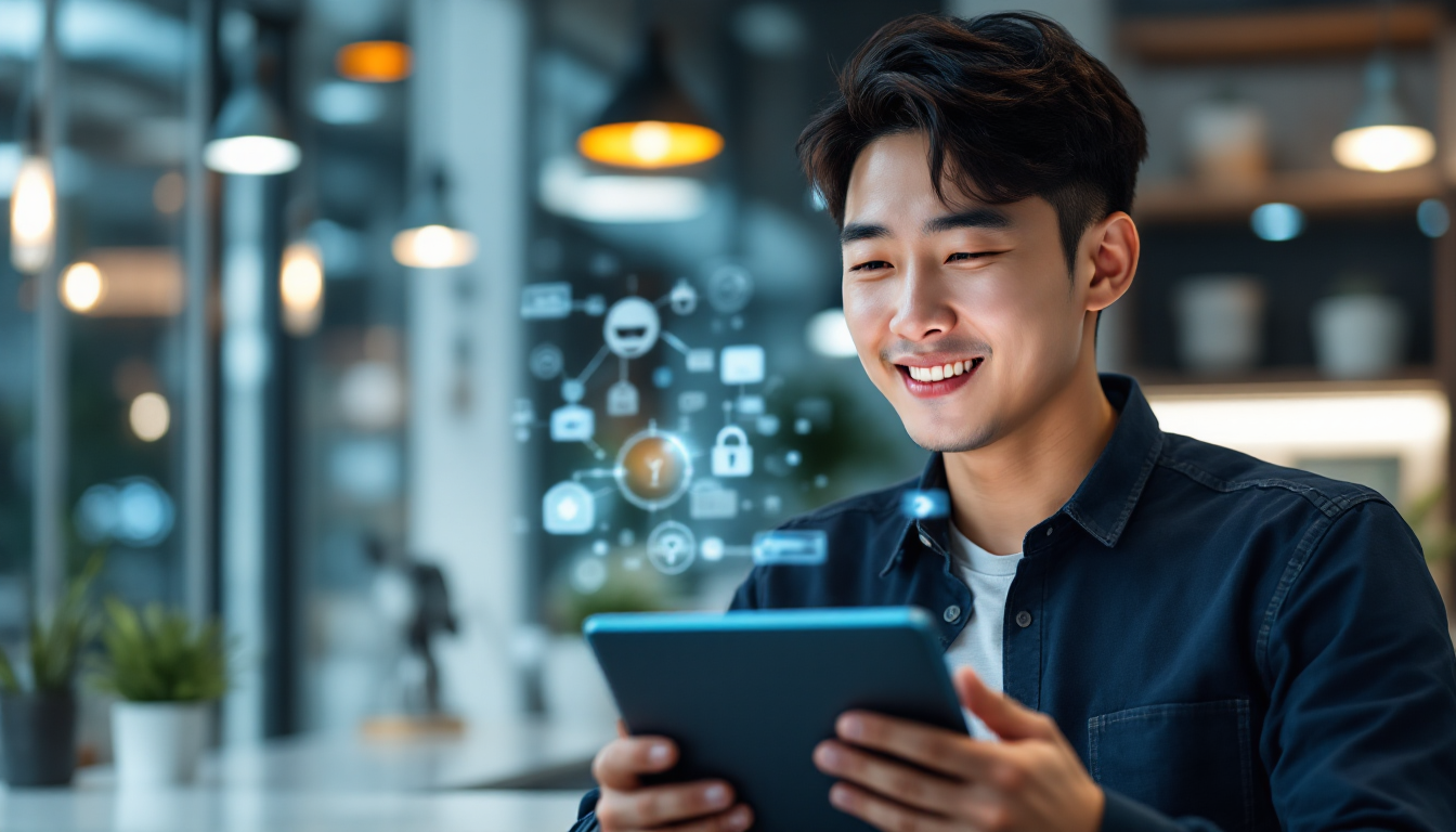 AI 시스템의 장점과 단점을 동시에 표현하는 태블릿을 보고 있는 한국 남성