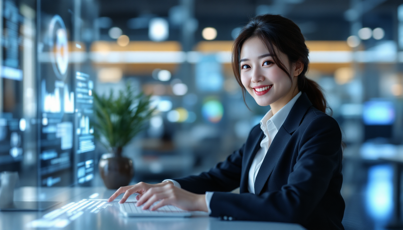 2026년, AI 자동화로 업무 효율성을 극대화하며 행복하게 일하는 한국인 비즈니스 전문가의 모습.