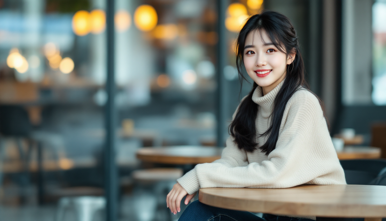 아늑한 카페에서 커피를 마시며 미소 짓는 젊은 한국 여성