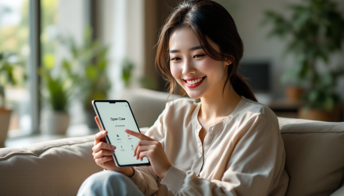 Open Claw AI 비서 초기 설정을 쉽게 진행하며 행복해하는 한국인 여성