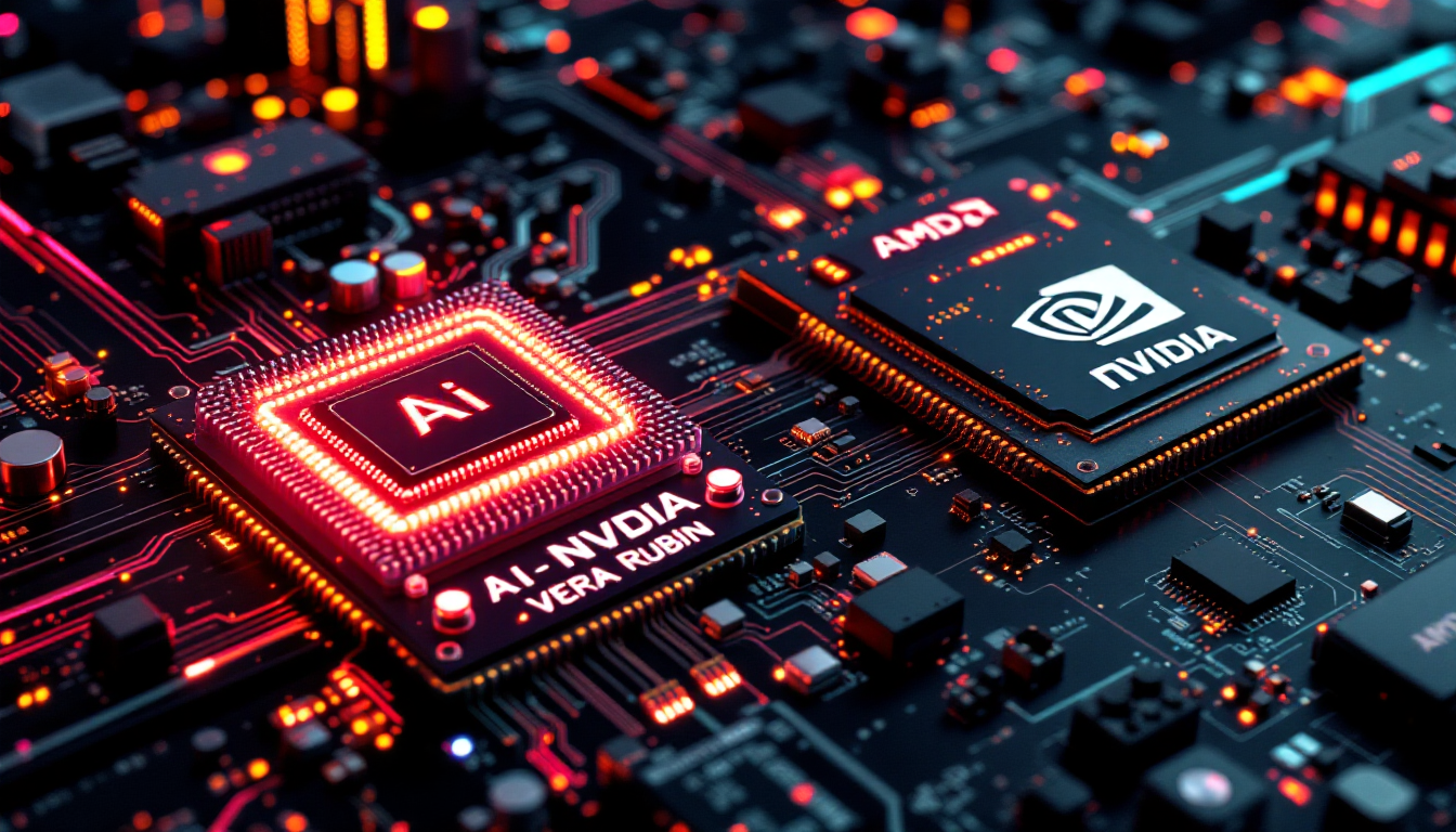 엔비디아 베라 루빈과 AMD 헬리오스 AI 반도체가 서로 대결하는 듯한 역동적인 모습
